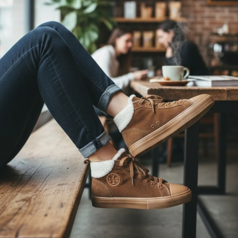Tory Burch Brown Suede Shearling Trim High-Top Sneakers